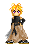 Pixel art contact sheet showing a character with blonde hair and purple eyes in five animated frames, wearing black sleeves and brown skirt-like clothing against gray background.