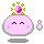Pixelated pink character with closed eyes and blush marks, featuring a gem on its head that changes from surrounded by yellow stars to floating alone.