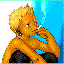 Pixelated character with blonde hair and black top holding cigarette, blue background with smoke animation.