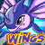 Animated contact sheet of a blue and purple cartoon dragon-like creature with pink accents, repeated across six frames showing subtle facial expression changes beneath the word "WINGS" in bold yellow-orange text.
