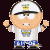 Pixelated cartoon character in white cap and shirt with blue shorts, standing against dark background; adjacent shows blurred figure with hand gesture