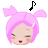 Pixelated character with pink hair in twin buns, red lips, and pink cheeks, shown in four expressions with black musical note symbols above each head.