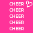 Pixelated white text 'CHEER' repeated on a bright pink background with one instance featuring a heart symbol replacing the letter O.