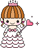 Pixel art of a girl with brown hair, pink crown, white dress with pink trim, holding a pink heart-topped wand, surrounded by pink stars.