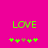 Bright pink background with green 'LOVE' text and five flower icons below, where the middle brown flower alternates between two states.