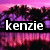 Pixelated image with pink and purple gradient background featuring dark abstract shapes, overlaid by black rectangle containing white lowercase text 'kenzie'.