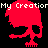 Pixelated red skull with black eye sockets and teeth, overlaid with white text reading "My Creation" on a black background.
