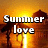 Animated scene of two silhouetted figures on a beach at sunset with domed structures in the background, text 'Summer love' appears and fades.