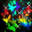Pixelated abstract composition of overlapping colorful shapes in cyan, purple, red, yellow, green, and blue against a dark background.