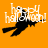 A pixelated orange background with a black witch silhouette flying left to right, overlaid by white 'happy halloween!' text in a blocky font.