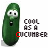 A 4x4 contact sheet of animated cucumber character frames with changing text colors and facial expressions, each frame showing a green anthropomorphic cucumber next to the phrase "COOL AS A CUCUMBER" in various color schemes.