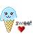 Pixelated ice cream cone character with blue scoop, brown waffle cone, and red heart symbol next to text reading "sweet" on white background.