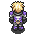 Pixel art character with blonde spiky hair and purple-accented armor, shown in multiple poses including front-facing, side views, and walking cycles against a gray background.