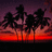 Silhouetted palm trees against a gradient sunset sky transitioning from deep purple to bright orange, with pixelated rendering.