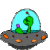 Animated contact sheet of six UFO frames showing a green alien in a blue dome with purple eyes and red antenna, each frame depicting slight pose changes against gray background.