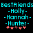 Pixelated cyan text lists names under 'BestFriends' with pink and brown heart symbols on black background.