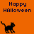 Pixelated black cat walking on orange background with "Happy Halloween" text in blue pixel font.