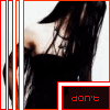 A static image of a person with long dark hair and black clothing, overlaid with red text boxes containing 'don't', 'call', 'me', and 'pretty' in pixelated font.