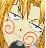 Pixelated anime-style character with light skin and brown hair, wearing a white top with dark accents, set against a golden-brown background with vertical lines.