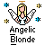 Pixel art angel icon with blonde hair, white wings, and a halo surrounded by blue and yellow starbursts on gray background.