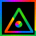 Four triangular frames with rainbow-colored borders and small circular color wheels inside, arranged in a on black backgrounds