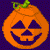 Four pixelated orange jack-o'-lantern pumpkins with green stems arranged in a 2x2 grid on dark purple background, each displaying distinct carved facial expressions and color variations across frames.