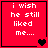 Red background with white pixelated text reading "i wish he still liked me..." and changing heart symbols in four