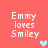 Pixelated text 'Emmy loves Smiley' on coral background with a heart symbol changing from cyan to gray across four views.