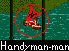 Pixelated image of a character in mid-air with arms raised, surrounded by a red dotted circle against a green and blue background.