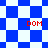 Blue and white checkered pattern with red text 'DOM' in four positions, transitioning to a diamond while maintaining the same color scheme and text placement