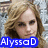 Pixelated image of a person with light brown hair and blue background, featuring blue text boxes with white text reading "Alyssa D" and "rules".