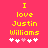 Yellow pixelated text on pink background reads 'I love Justin Williams' with five white and one light pink heart symbols below.