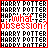 Pixelated image with repeating 'HARRY POTTER' text and red 'what obsession?' overlay, showing animation change between frames.