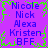 Purple background with green pixelated border, blue text listing names and "BFF" in two identical vertical