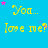 Blue background with yellow text repeating 'You... Love me?' and pink stars scattered throughout.