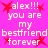 Pixelated pink background with repeated white text 'alex!!! you are my bestfriend forever' and red star symbols in a