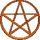 Four circular orange pentagram symbols in a , each with distinct internal line configurations and varying purple accents on the outer ring