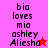 Pixelated text reads 'bia loves mia ashley Aliesha' with a red star on pink background and a purple star on red background.