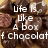 A static image of chocolate candies with overlaid text reading "Life is like a box of chocolates what you going to get" in white pixelated font.