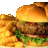 A static pixelated image shows a hamburger with lettuce and sauce, accompanied by golden-brown fried items on the left side against a light gray background.