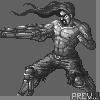 Pixel art of a muscular man with long flowing hair holding a large machine gun, standing in a dynamic pose against a gray background.