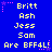 Blue background with yellow pixelated text listing names and 'Are BFF4L!' in three , surrounded by pink star and dot decorations