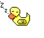 Pixel art duck with orange beak and closed eyes, holding a red object, emitting 'Z' symbols, yellow body with black outline, gray background.