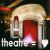 A pixelated image of a red door with under an arched roof, featuring the text 'theatre=' and changing heart symbols