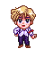 Pixel art character with blonde hair and purple outfit transitions through fire effects and pose changes.