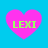 Four pink heart shapes on a blue background, each containing green text reading 'LEXI' with pixelated artifacts.