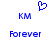Blue pixelated heart symbol above two 'KM' text blocks and two 'Forever' text blocks arranged in a on white background