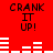 Red background with repeated "CRANK IT UP!" text and white audio waveforms shifting across four