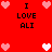 Red background with pixelated hearts and black text reading "I LOVE ALI" in three , arranged in a pattern