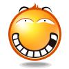 Two identical orange-yellow circular faces with wide grins showing white teeth and black gums, winking eyes, and small curved eyebrows on a gray background.
